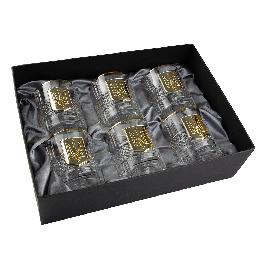 Набір стаканів для віскі Boss Crystal Тризуб із золотими та срібними накладками фото