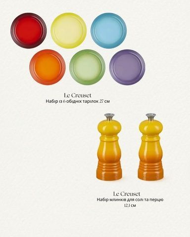 Набір із 6 обідніх тарілок 27 см та 2 млинків для солі й перцю Le Creuset 12,1 см фото