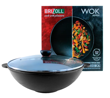 Сковорідка з кришкою Brizoll WOK чавунна 30 см фото