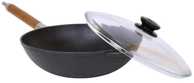Сковорідка Вок Біол 26 см чавунна зі скляною кришкою фото