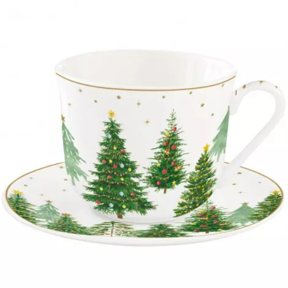 Чашка для чаю з блюдцем Easy Life Festive Trees 400 мл новорічна фото
