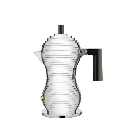Гейзерна кавоварка 300 мл Alessi Pulcina на 6 чашок з чорною ручкою фото