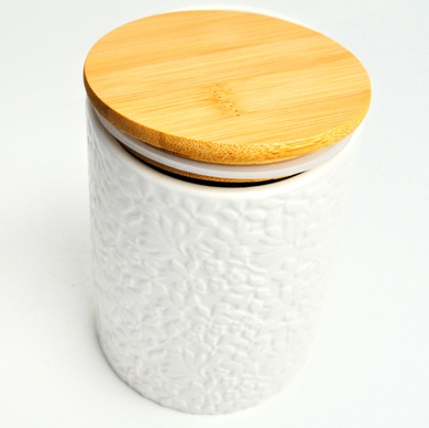 Банка для сыпучих продуктов BonaDI Naturel Жасмин 800 мл керамическая с бамбуковой крышкой, белая фото