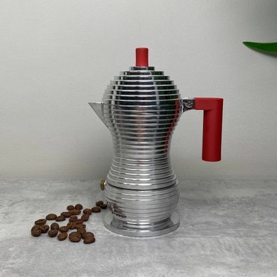 Гейзерна кофеварка 70 мл Alessi Pulcina на 1 чашку с красной ручкой фото