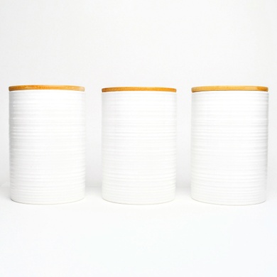 Набір банок для сипучих продуктів BonaDi Naturel Лінії 3 шт 800 мл керамічні з бамбуковою кришкою, білі фото