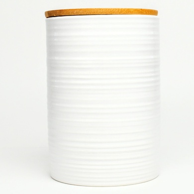 Набір банок для сипучих продуктів BonaDi Naturel Лінії 3 шт 800 мл керамічні з бамбуковою кришкою, білі фото