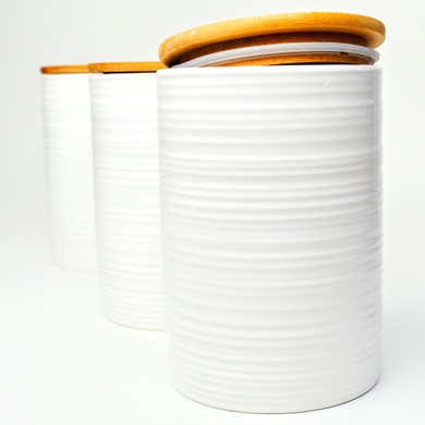 Набор банок для сыпучих продуктов BonaDi Naturel Линии 3 шт 800 мл керамические с бамбуковой крышкой, белые фото