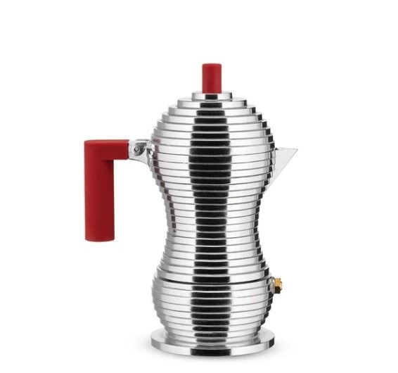 Гейзерная кофеварка 150 мл Alessi Pulcina на 3 чашки с красной ручкой фото