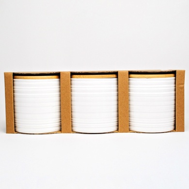 Набір банок для сипучих продуктів BonaDi Naturel Лінії 3 шт 550 мл керамічні з бамбуковою кришкою, білі фото