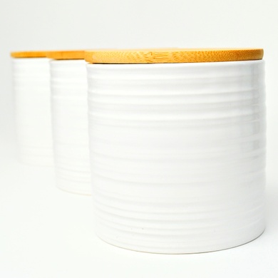 Набір банок для сипучих продуктів BonaDi Naturel Лінії 3 шт 550 мл керамічні з бамбуковою кришкою, білі фото