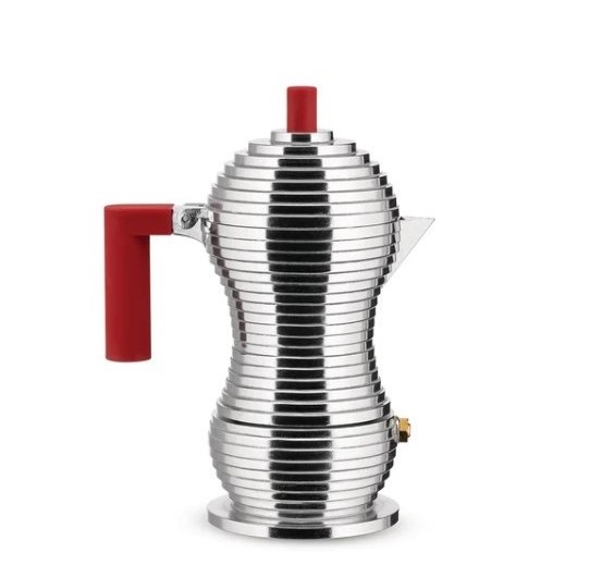 Гейзерна кавоварка 300 мл Alessi Pulcina на 6 чашок з червоною ручкою фото