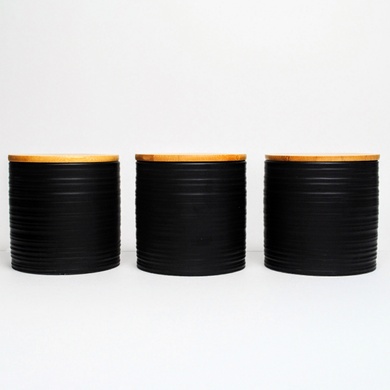 Набір банок для сипучих продуктів BonaDi Naturel Лінії 3 шт 550 мл керамічні з бамбуковою кришкою, чорні фото
