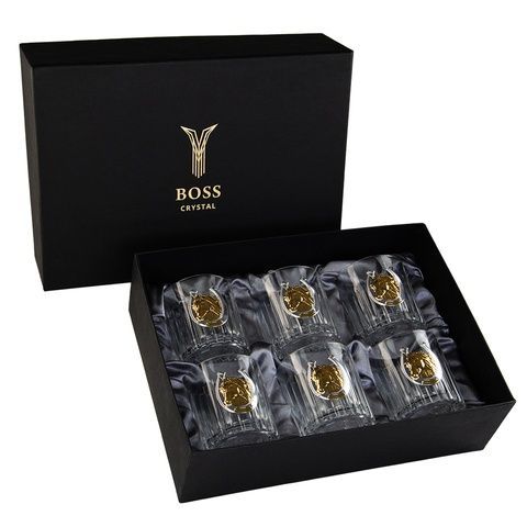 Набор из 6 стаканов для виски Boss Crystal Золотой Конь с серебряными и золотыми накладками фото