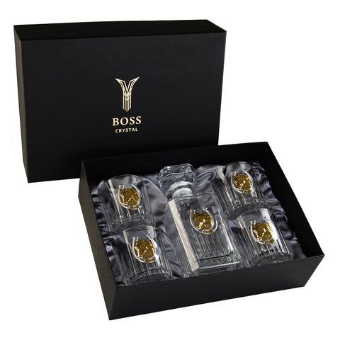 Набор для виски Boss Crystal Золотой Конь с серебряными и золотыми накладками 5 предметов фото