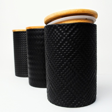 Набір банок для сипучих продуктів BonaDi Naturel Modern 3 шт 800 мл керамічні з бамбуковою кришкою, чорні фото