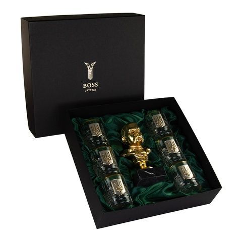 Набор из 6 стаканов виски Boss Crystal и бюстом "Тарас Шевченко" золото 24К фото