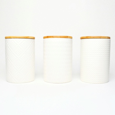 Набір банок для сипучих продуктів BonaDi Naturel Modern 3 шт 800 мл керамічні з бамбуковою кришкою, білі фото