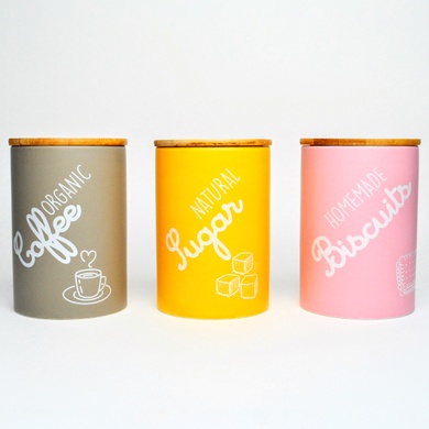 Набор банок для сыпучих продуктов BonaDi Organic 3 шт 650 мл керамические с бамбуковой крышкой, розовый, бежевый, желтый фото