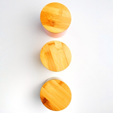 Набір банок для сипучих продуктів BonaDi Organic 3 шт 650 мл керамічні з бамбуковою кришкою, рожевий, бежевий, жовтий фото